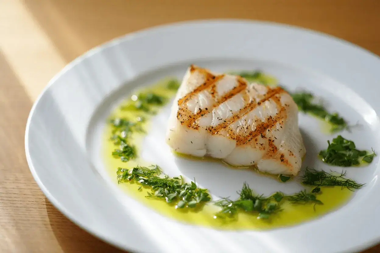 Un trozo de bacalao a la plancha, con marcas de parrilla doradas, servido en un plato blanco con aceite de oliva y hierbas picadas.
