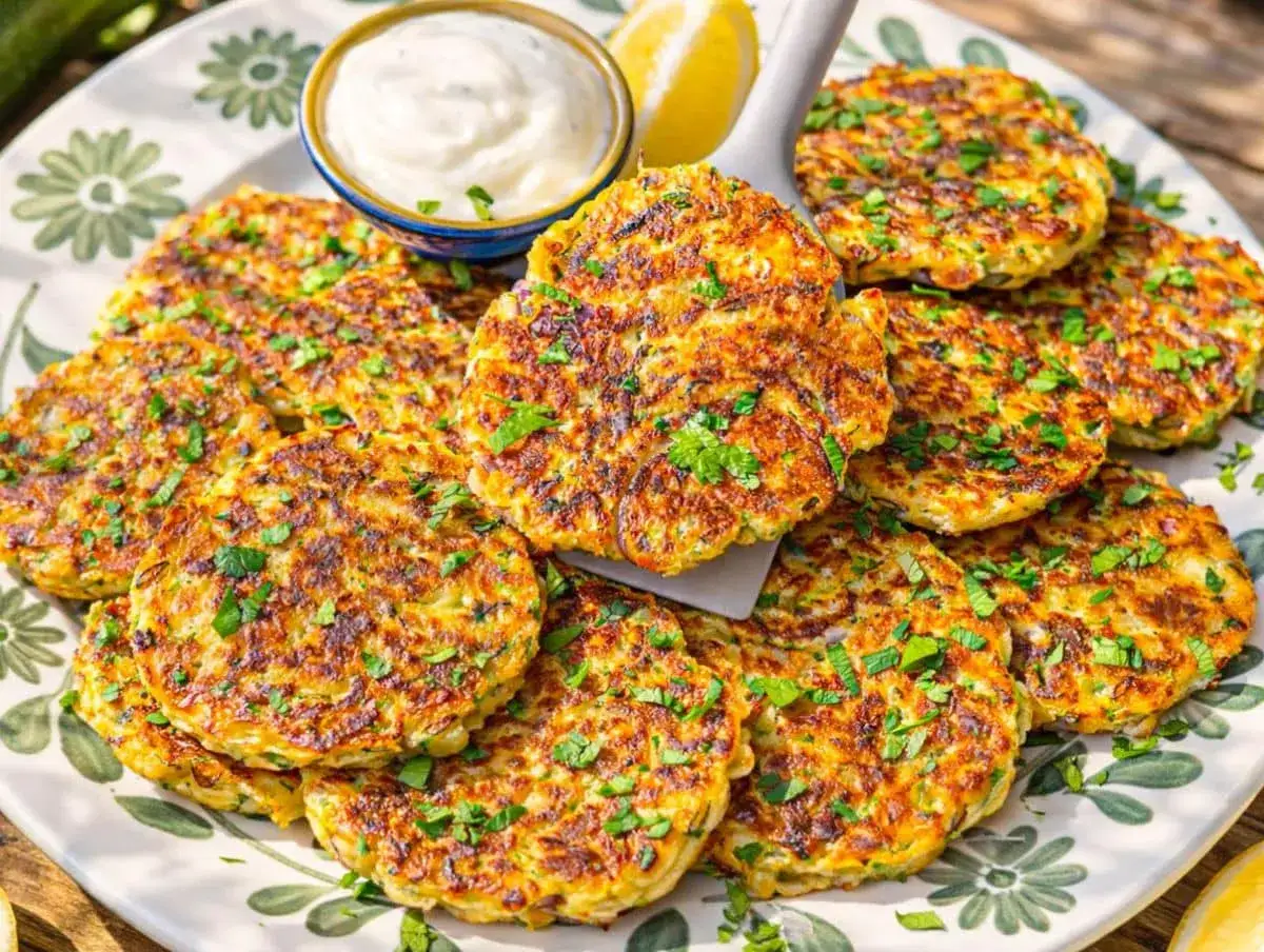 Montón de tortitas de calabacín doradas y esponjosas, espolvoreadas con perejil fresco, servidas en un plato decorado con flores.
