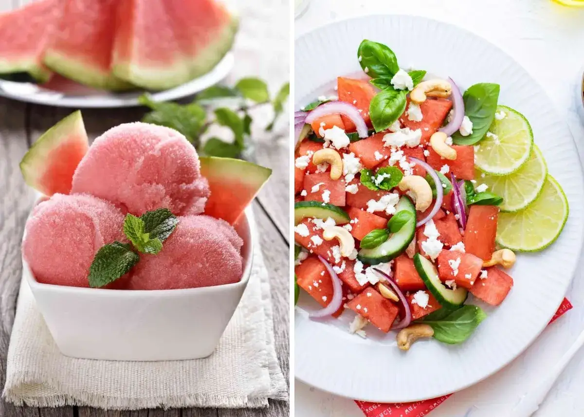 Deliciosas recetas con sand&iacute;a: sorbete refrescante y ensalada vibrante con queso feta y anacardos.