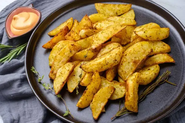 Patatas al horno crujientes y doradas, sazonadas con hierbas, servidas en un plato oscuro con una salsa cremosa y romero fresco.