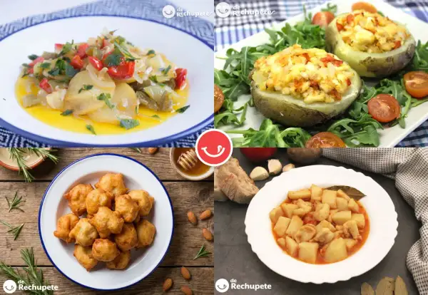 Cuatro platos deliciosos: patatas rellenas, buñuelos, guiso de patatas y verduras salteadas. ¡Ideas para tus recetas con verduras!