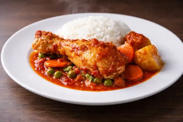 Sabroso estofado de pollo con arroz blanco, patatas y zanahorias.
