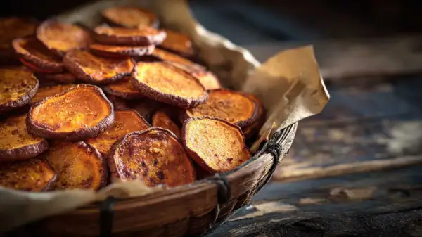 Rodajas de boniato al horno, crujientes y doradas, servidas en una cesta de mimbre.