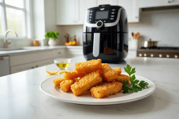 Palitos dorados de bacalao en airfryer, crujientes y listos para disfrutar.