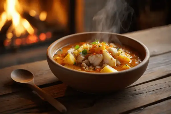 Un humeante plato de bacalao al horno sencilla, con patatas y verduras, junto a una chimenea encendida.