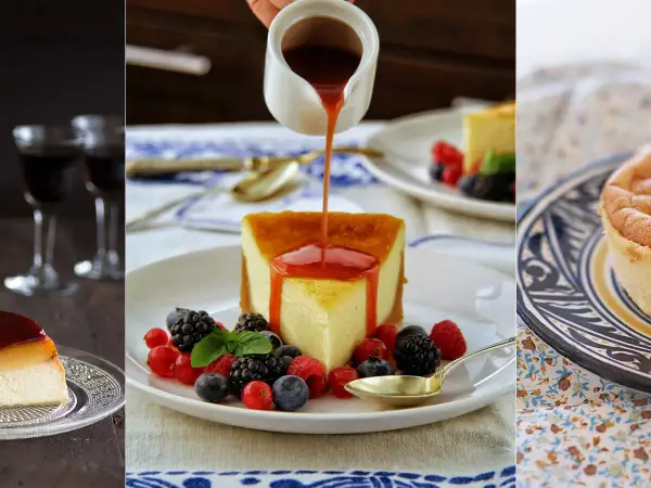 Deliciosa tarta de caramelo bañada en salsa, acompañada de frutos rojos y una porción de bizcocho esponjoso.