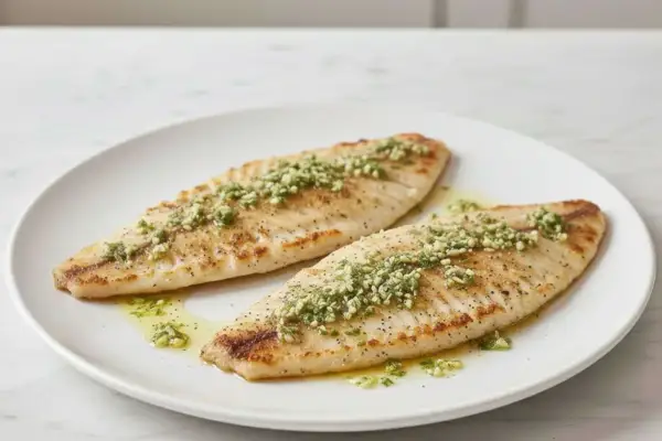 Dos filetes de merluza a la plancha, dorados y sazonados, con una guarnición verde y aceite.