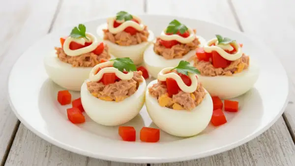 Deliciosos huevos rellenos con atún, tomate y mayonesa, perfectos para tu próxima receta.