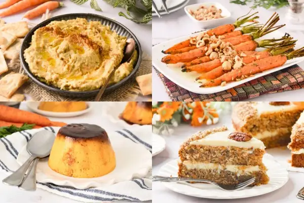 Hummus, zanahorias asadas, flan y pastel de zanahoria. Variedad de recetas con zanahoria para disfrutar.