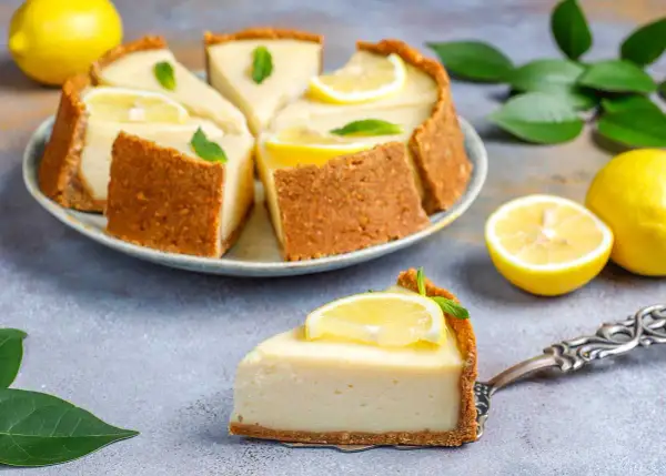Deliciosa tarta de limón sin horno, cremosa y refrescante, decorada con rodajas de limón y hojas de menta.