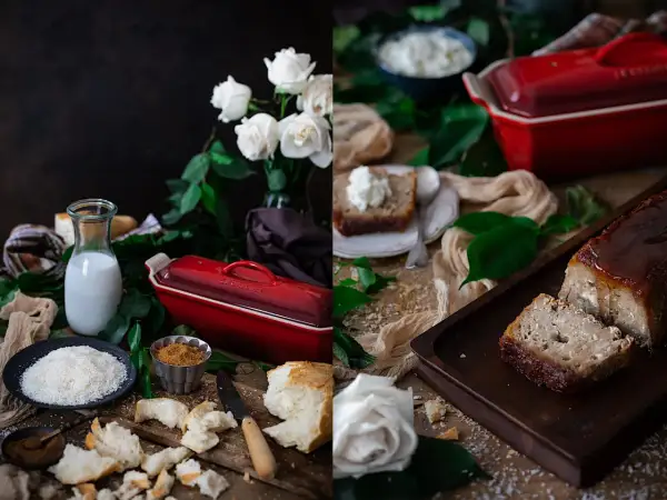 Delicioso pudin de coco casero, con ingredientes frescos como leche, coco rallado y pan, listo para hornear en su molde rojo.