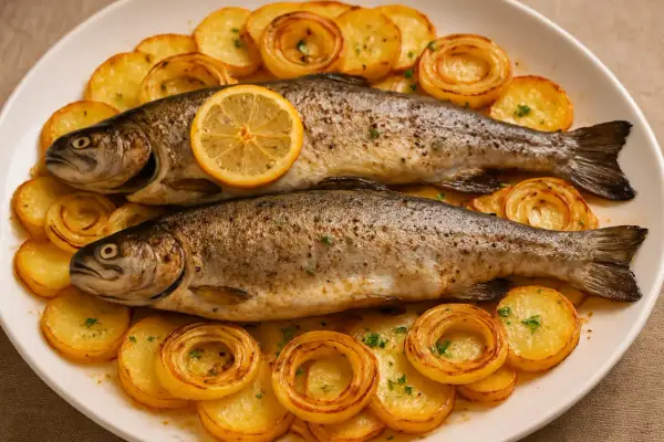 Dos truchas al horno, doradas y jugosas, acompañadas de patatas y rodajas de limón. Un plato principal delicioso y saludable.